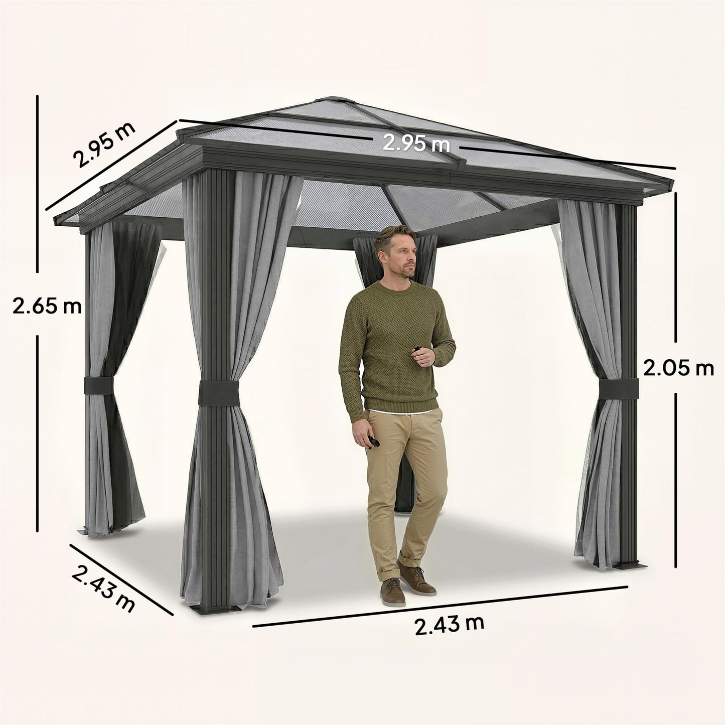 Outsunny 3 x 3(m) Hardtop Gazebo with UV Resistant Polycarbonate Roof & Aluminium Frame, Garden Pavilion with Mosquito Netting and Curtains Black