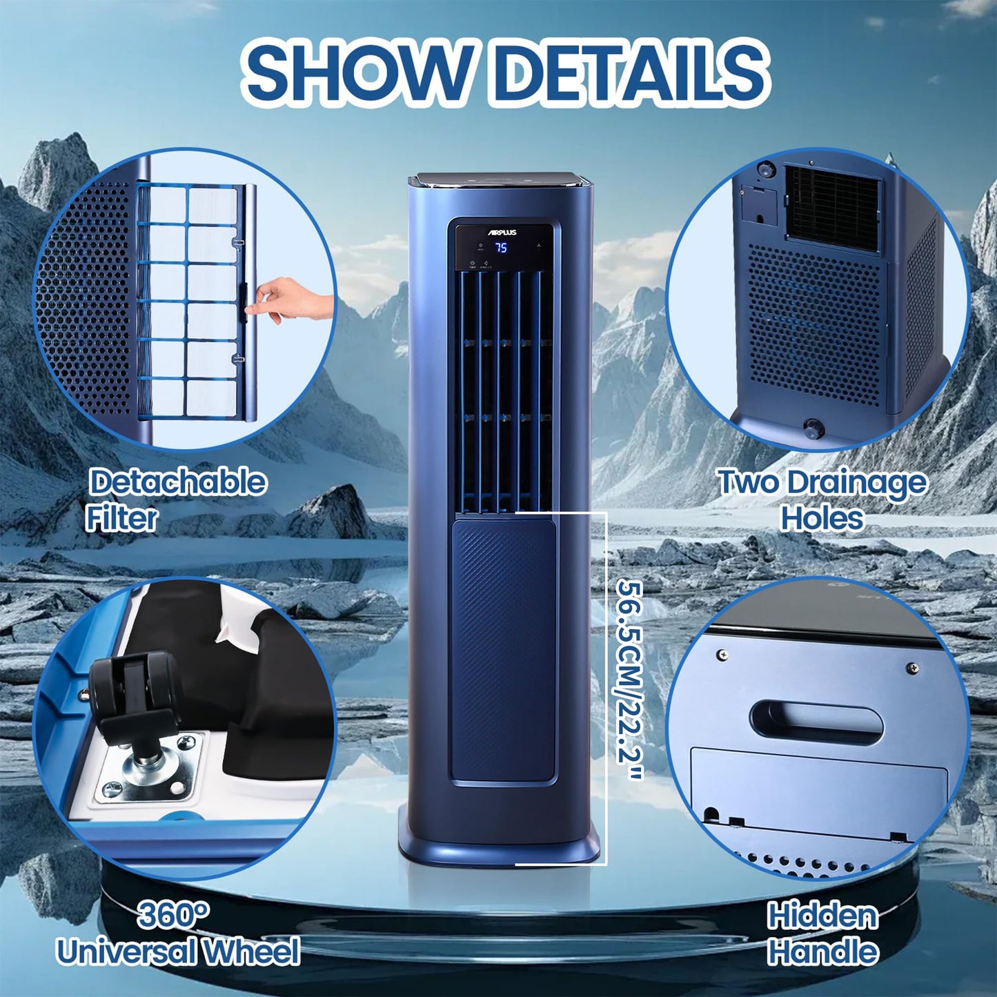 3-in-1 Portable Air Conditioner 12000 BTU, ELECCI Mobile Air Conditioning for Home with Cooling, Dehumidifier, Fan＆Auto Mode, Dark Blue Air Conditioners with Left & Right Sweeping, 24H Timer