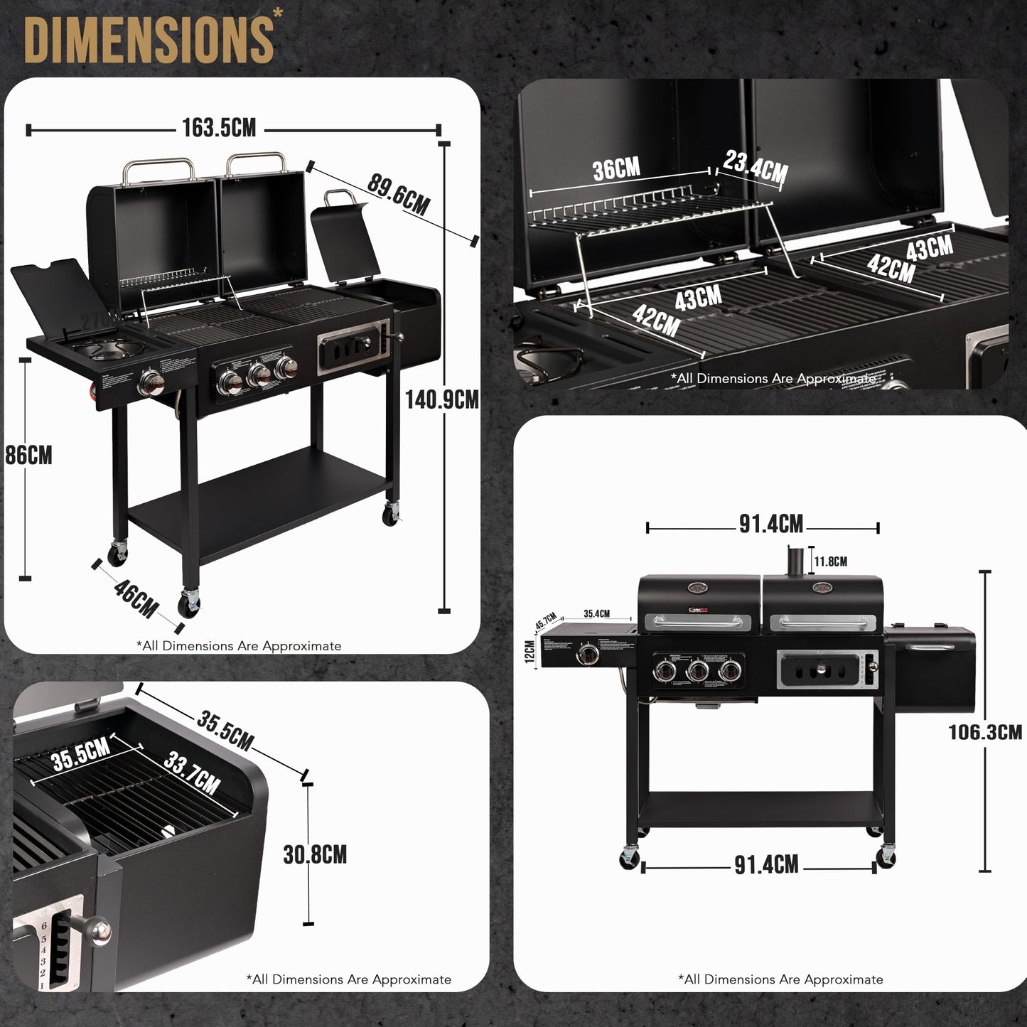 CosmoGrill Hybrid 4 Burner Barbecue DUO Dual Fuel BBQ 3+1 Gas Grill & Charcoal Smoker BBQ Grill, Built-in Thermometer, Warming Rack, Outdoor Portable Large Coal Barbecue for Home Garden Party Cooking.