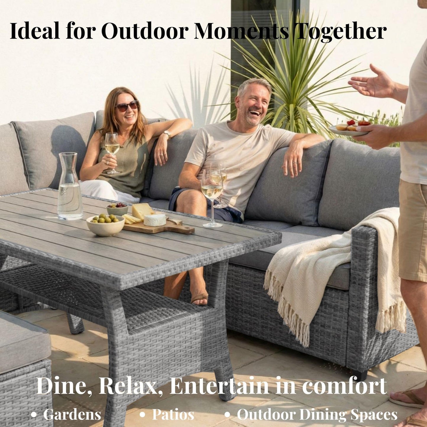 EVRE Mumbai 8 Seater Rattan Garden Furniture Set, Corner Sofa Dining Set with Dining Table & Waterproof Cushions, Outdoor Patio Furniture, Modular Garden Sofa Set with Stools, Grey