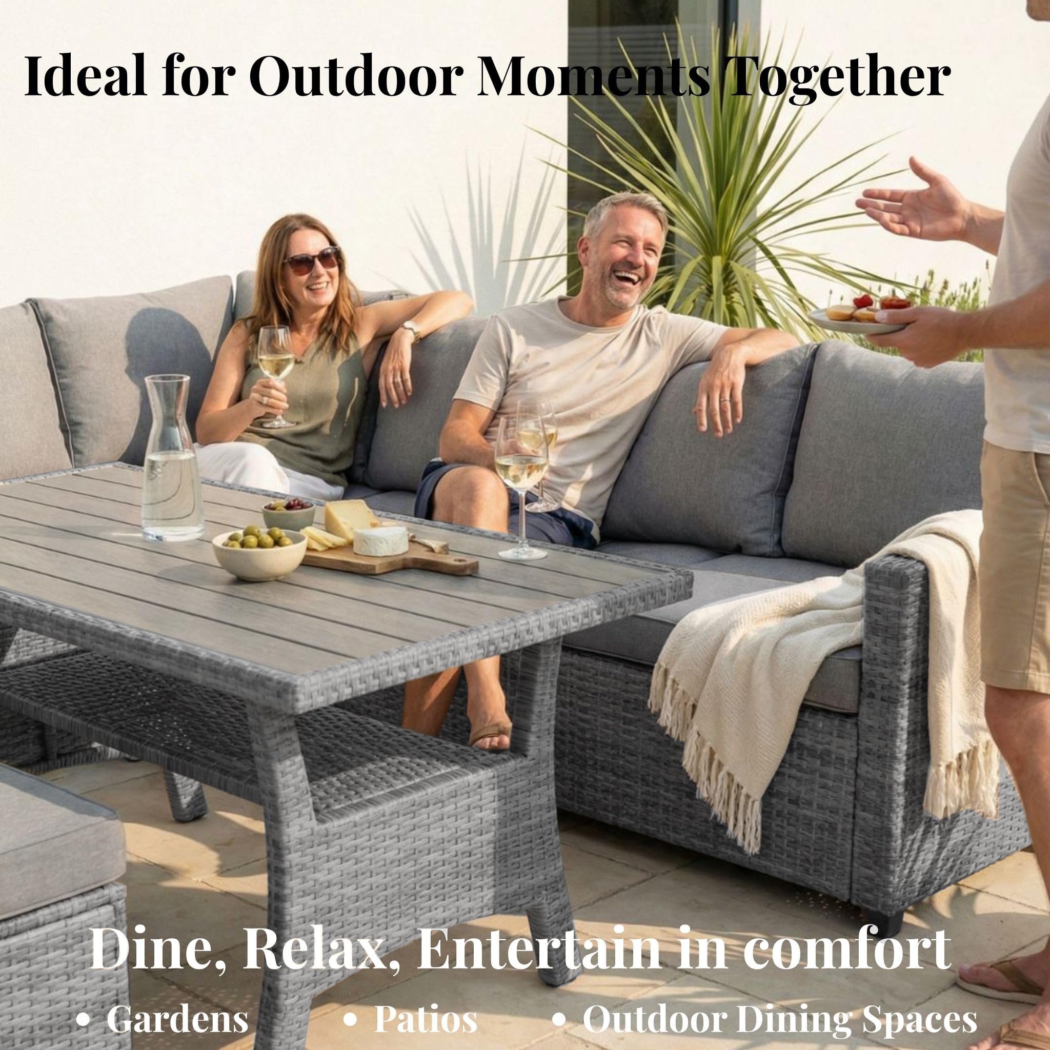 EVRE Mumbai 8 Seater Rattan Garden Furniture Set, Corner Sofa Dining Set with Dining Table & Waterproof Cushions, Outdoor Patio Furniture, Modular Garden Sofa Set with Stools, Grey