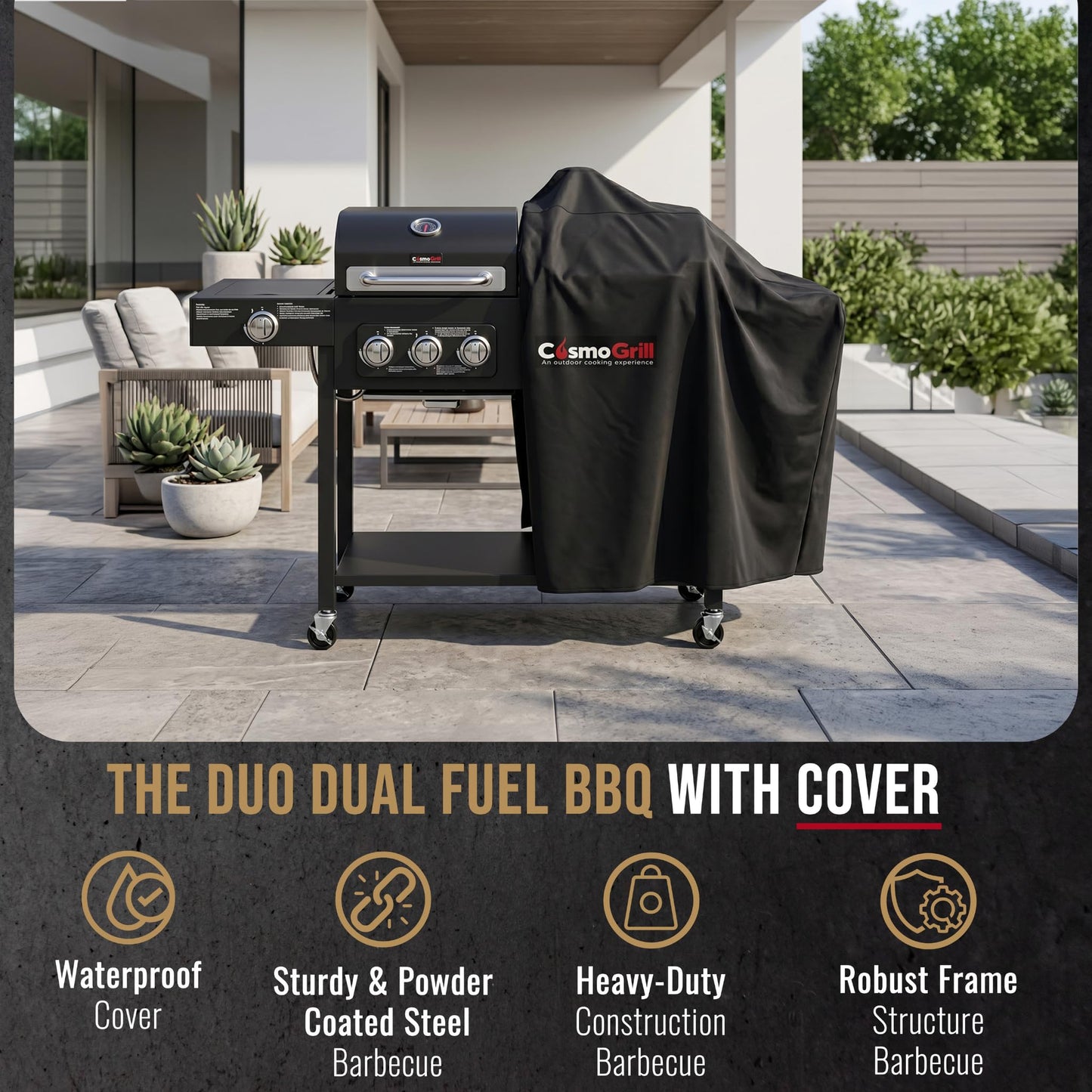 CosmoGrill Hybrid 4 Burner Barbecue with Waterproof Cover | DUO Dual Fuel BBQ 3+1 Gas Grill and Charcoal Smoker BBQ Grill, Thermometer, Warming Rack | Outdoor Portable Dual Fuel Large Coal Barbecue
