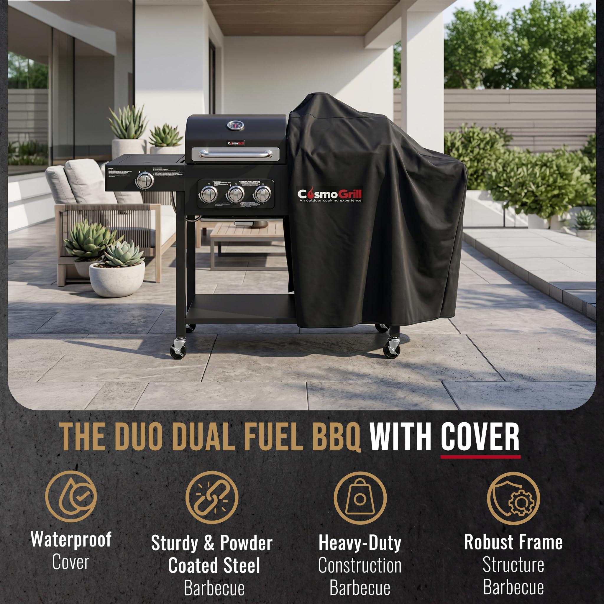 CosmoGrill Hybrid 4 Burner Barbecue with Waterproof Cover | DUO Dual Fuel BBQ 3+1 Gas Grill and Charcoal Smoker BBQ Grill, Thermometer, Warming Rack | Outdoor Portable Dual Fuel Large Coal Barbecue