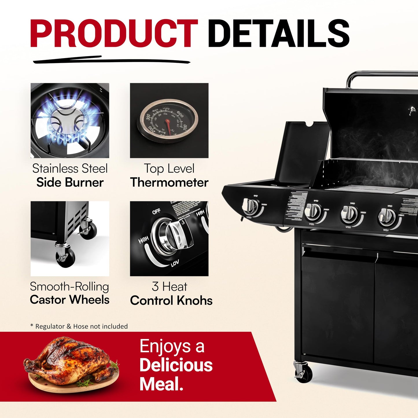 Campfire Original Barbecue BBQ 5 Gas Burner 4+1 Garden Grill, Steel Warming Rack, Side-Burner, Storage & Built-in Temperature Gauge for Home Garden Party Outdoor Cooking