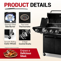 Campfire Original Barbecue BBQ 5 Gas Burner 4+1 Garden Grill, Steel Warming Rack, Side-Burner, Storage & Built-in Temperature Gauge for Home Garden Party Outdoor Cooking