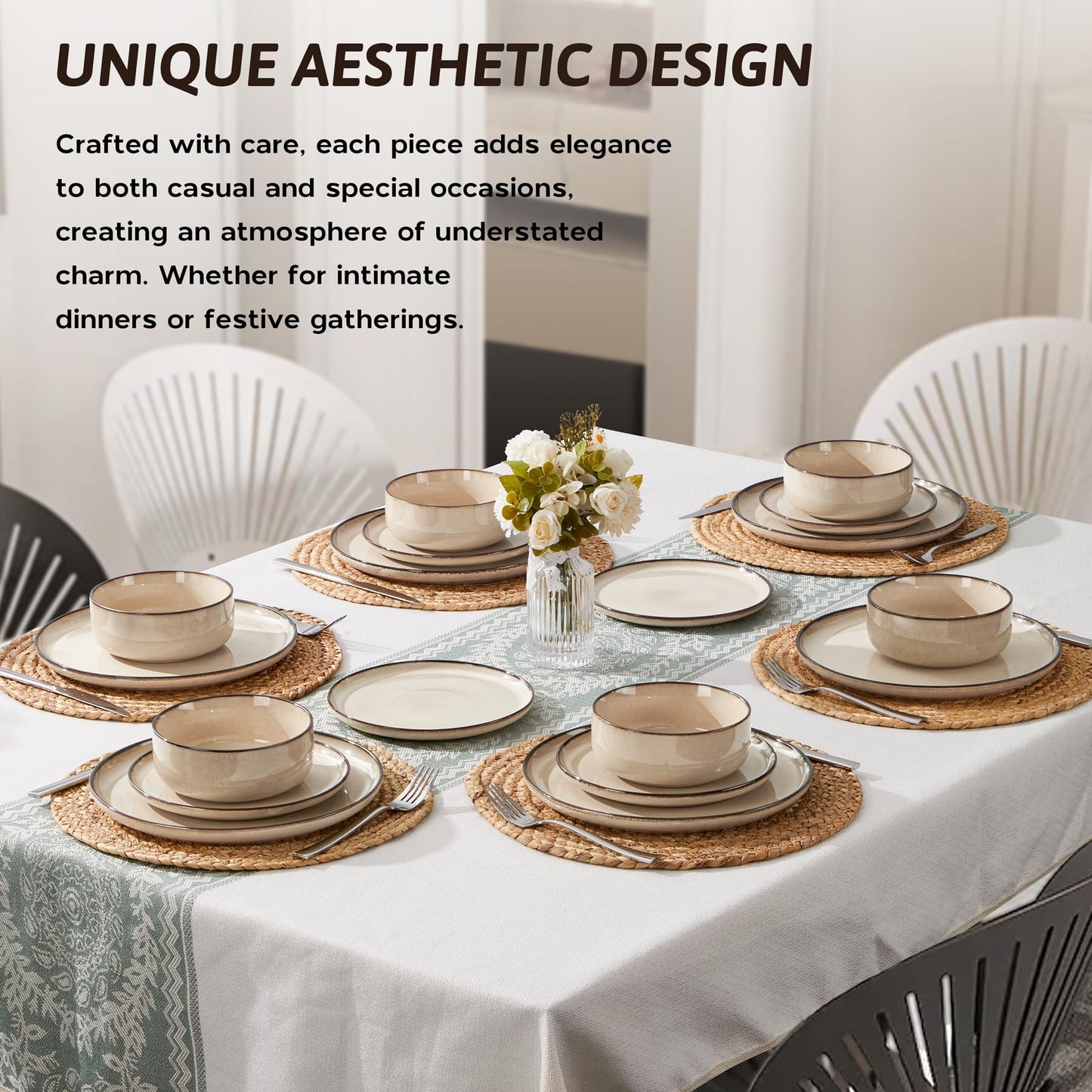 HaWare 18 Piece Dinner Set, Stoneware Dinnerware Service for 6, Reactive Glaze Dining Ware Include Plates and Bowls, Chip and Scratch Resistant, Microwave & Dishwasher Safe, Cream Khaki