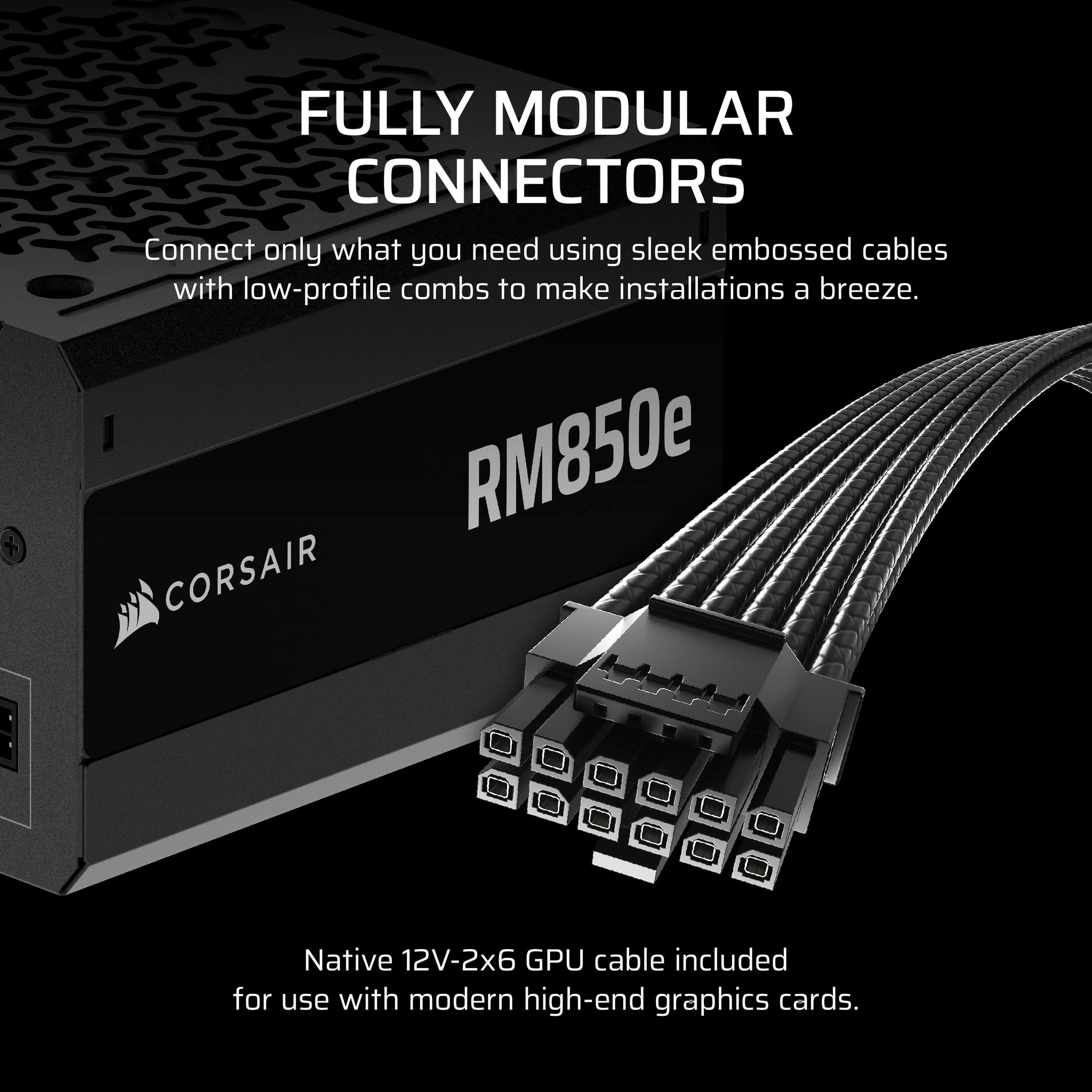 CORSAIR RM850e (2025) Fully Modular Low-Noise ATX Power Supply with 12V-2x6 Cable – ATX 3.1 & PCIe 5.1 Compliant, Cybenetics Gold Efficiency, 105°C-Rated Capacitors, Modern Standby Mode – Black