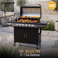 CosmoGrill Pro Deluxe 7 Gas Burner 6+1 Barbecue Grill Steel Warming Rack, Side-Burner, Built-in Temperature Gauge for Home Garden Party Outdoor Cooking (Black)