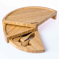 BlauKe® Bamboo Cheese Board and Knife Set – 37cm Round Charcuterie Board, Serving Platter, Slide-Out Drawer, Cheese Knives – Wooden Cheese Board Gift Set