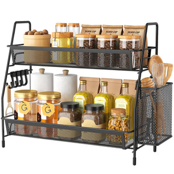 compare product VITVITI Spice Racks, 2 Tier Cupboard Shelf Organiser with 4 Hooks and Side Basket, Kitchen Essentials for Accessories Storge, Desktop Organizer for Kitchen, Dining Room, Office - Black