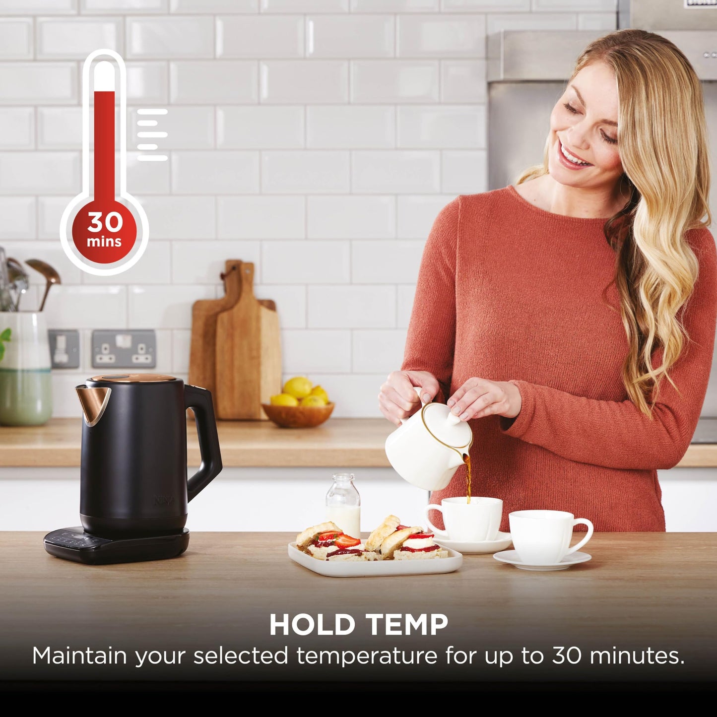 Ninja Perfect Temperature Kettle, 1.7L, LED Display, Easy to Use Kettle with Rapid Boil and Temperature Control & Hold, Black & Copper, KT200UKCP