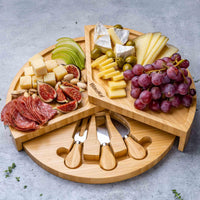 BlauKe® Bamboo Cheese Board and Knife Set – 37cm Round Charcuterie Board, Serving Platter, Slide-Out Drawer, Cheese Knives – Wooden Cheese Board Gift Set