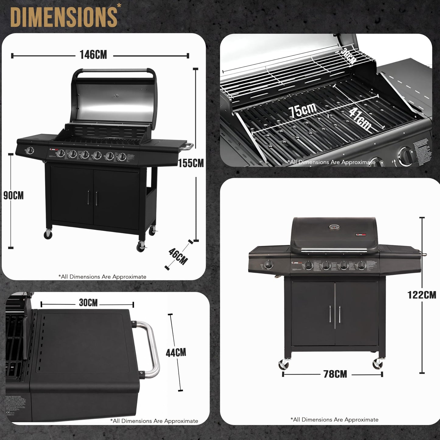 CosmoGrill Pro Deluxe 7 Gas Burner 6+1 Barbecue Grill Steel Warming Rack, Side-Burner, Built-in Temperature Gauge for Home Garden Party Outdoor Cooking (Black)