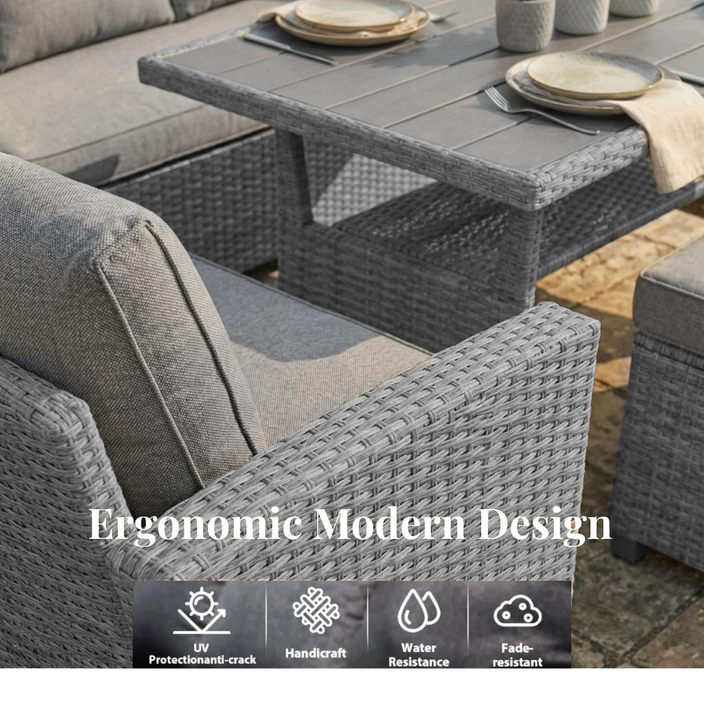 EVRE Mumbai 8 Seater Rattan Garden Furniture Set, Corner Sofa Dining Set with Dining Table & Waterproof Cushions, Outdoor Patio Furniture, Modular Garden Sofa Set with Stools, Grey