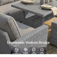 EVRE Mumbai 8 Seater Rattan Garden Furniture Set, Corner Sofa Dining Set with Dining Table & Waterproof Cushions, Outdoor Patio Furniture, Modular Garden Sofa Set with Stools, Grey