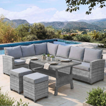 compare product EVRE Mumbai 8 Seater Rattan Garden Furniture Set, Corner Sofa Dining Set with Dining Table & Waterproof Cushions, Outdoor Patio Furniture, Modular Garden Sofa Set with Stools, Grey