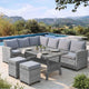 EVRE Mumbai 8 Seater Rattan Garden Furniture Set, Corner Sofa Dining Set with Dining Table & Waterproof Cushions, Outdoor Patio Furniture, Modular Garden Sofa Set with Stools, Grey