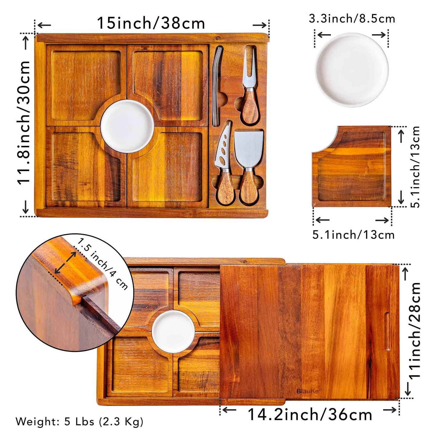 Wooden Cheese Board and Knife Set - Wooden Serving Board/Tray Made of Acacia, an Upgrade from Bamboo Charcuterie Boards - Includes Serving Platters and Cheese Knives - Any Occasion Gift Set - BlauKe®