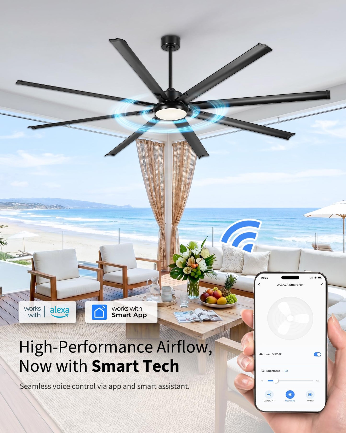 JAZAVA 96-Inch Industrial Ceiling Fan with Lights and Remote - Extra Large Indoor Fan with 8 Aluminium Blades,Smart Fan Works with Voice Control,Model:ZCCF04BK-96