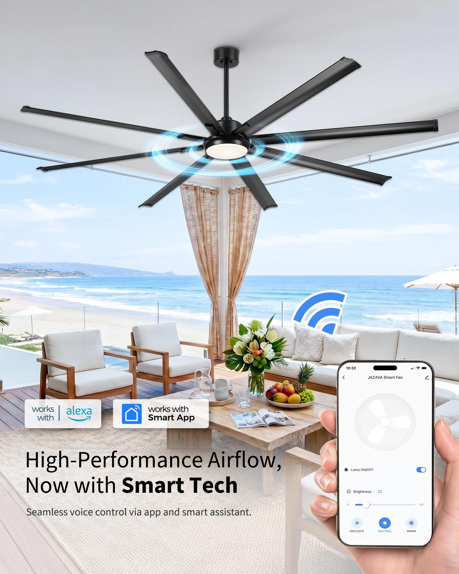 JAZAVA 96-Inch Industrial Ceiling Fan with Lights and Remote - Extra Large Indoor Fan with 8 Aluminium Blades,Smart Fan Works with Voice Control,Model:ZCCF04BK-96