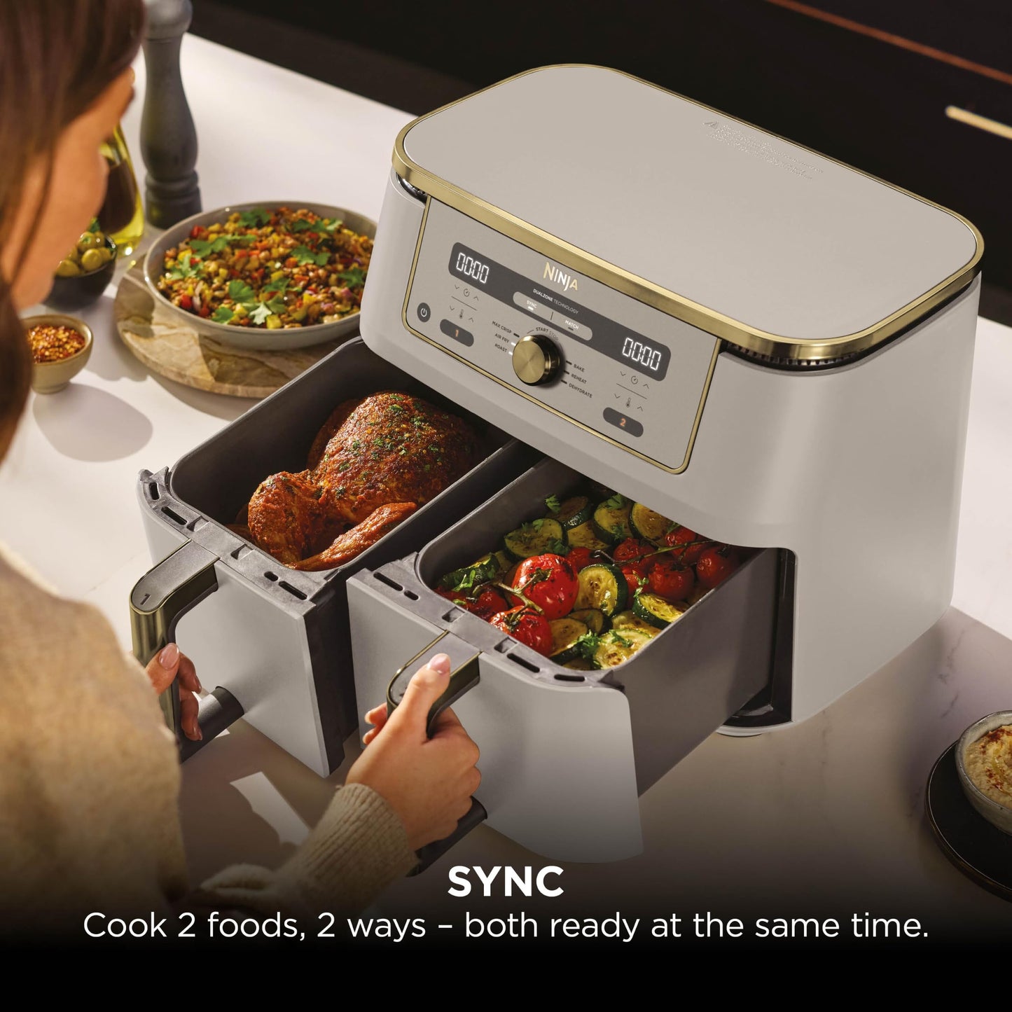 Ninja MAX Dual Zone Digital Air Fryer, 2 Drawers, 9.5L, 6-in-1, Uses No Oil, Air Fry, Max Crisp, Roast, Bake, Reheat, Dehydrate, Non-Stick, Dishwasher Safe Baskets, Stone Gold DZ400UKSTGD