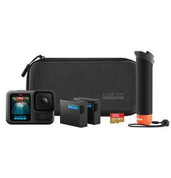 compare product GoPro HERO13 Black Accessory Bundle - Includes The Handler (Floating Hand Grip), 2 Enduro Batteries, 2 Curved Adhesive Mounts, 64GB SanDisk MicroSD Card, Carrying Case, and more