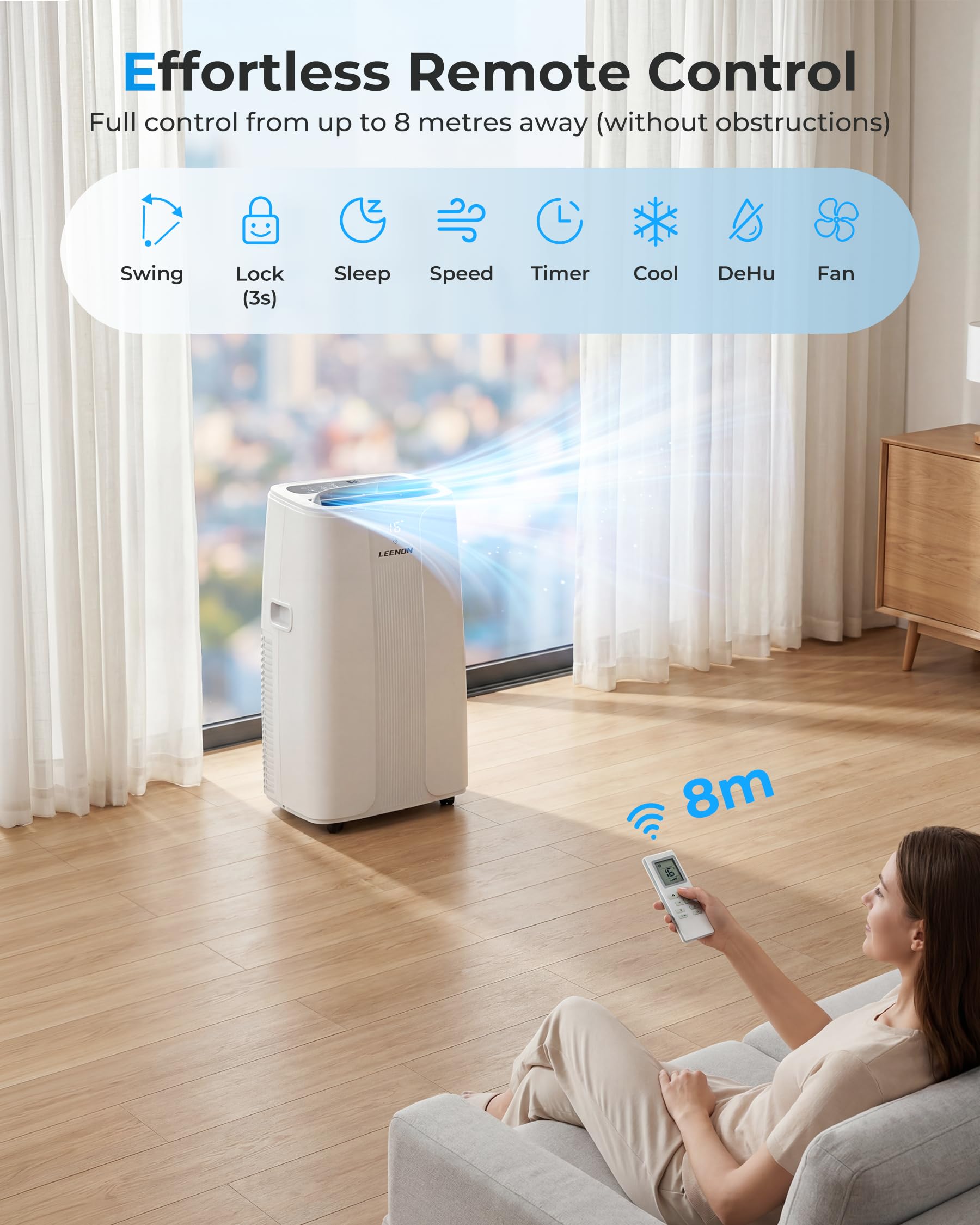 LEENON 14000 BTU Air Conditioning Unit, Portable Air Conditioner, Powerful 4-in-1 AC Unit Dehumidifier Fan & Sleep Mode, Aircon Unit with 24H Timer,Auto-Swing, Remote Control, Exhaust Hose