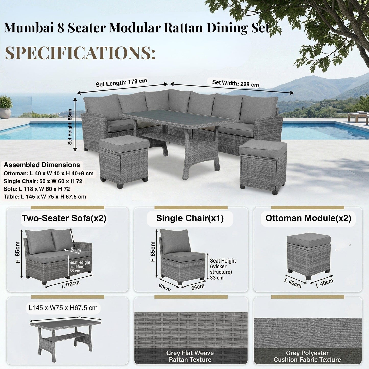 EVRE Mumbai 8 Seater Rattan Garden Furniture Set, Corner Sofa Dining Set with Dining Table & Waterproof Cushions, Outdoor Patio Furniture, Modular Garden Sofa Set with Stools, Grey