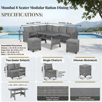 EVRE Mumbai 8 Seater Rattan Garden Furniture Set, Corner Sofa Dining Set with Dining Table & Waterproof Cushions, Outdoor Patio Furniture, Modular Garden Sofa Set with Stools, Grey