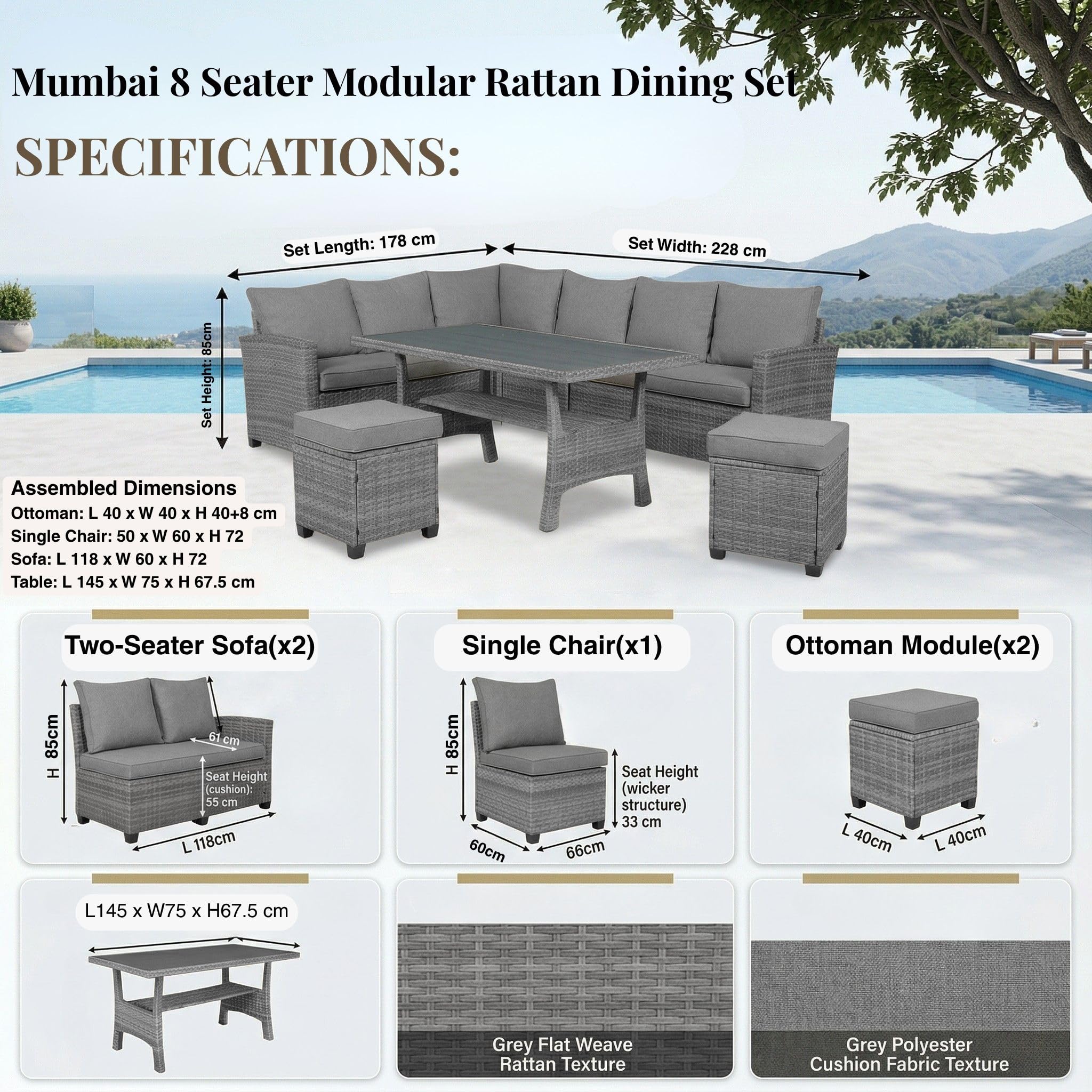 EVRE Mumbai 8 Seater Rattan Garden Furniture Set, Corner Sofa Dining Set with Dining Table & Waterproof Cushions, Outdoor Patio Furniture, Modular Garden Sofa Set with Stools, Grey