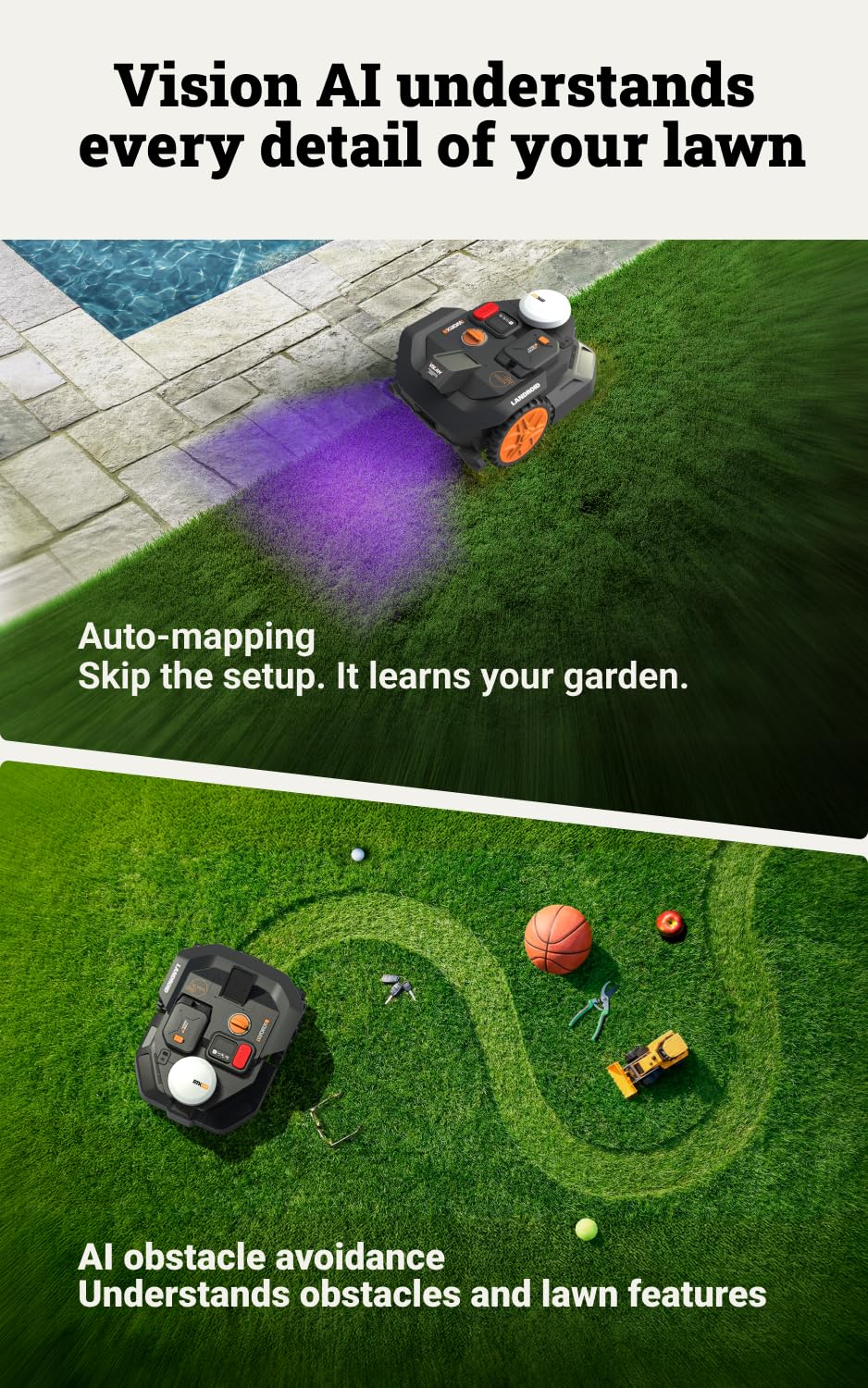 WORX Landroid Vision Cloud WR304E 2WD Robotic Lawnmower without Boundary Cable for 400 m² (AI Obstacle Detection, VSLAM+ RTK Cloud Navigation, Auto Mapping, App Control)