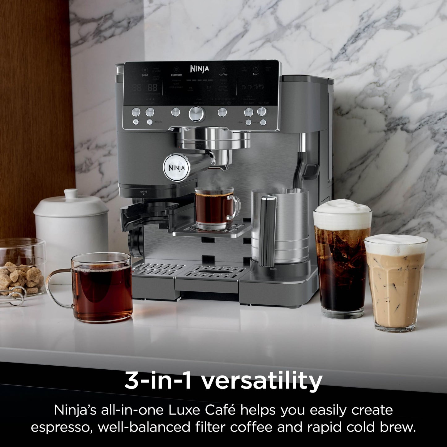 Ninja Luxe Premier 3-in-1 Coffee Machine, Latte, Cappuccino, Cold Brew & Espresso Maker With Built in Bean Grinder & Milk Frother, Easy to Use, 4 Automated Froth Presets, Gun Metal ES601UKGM