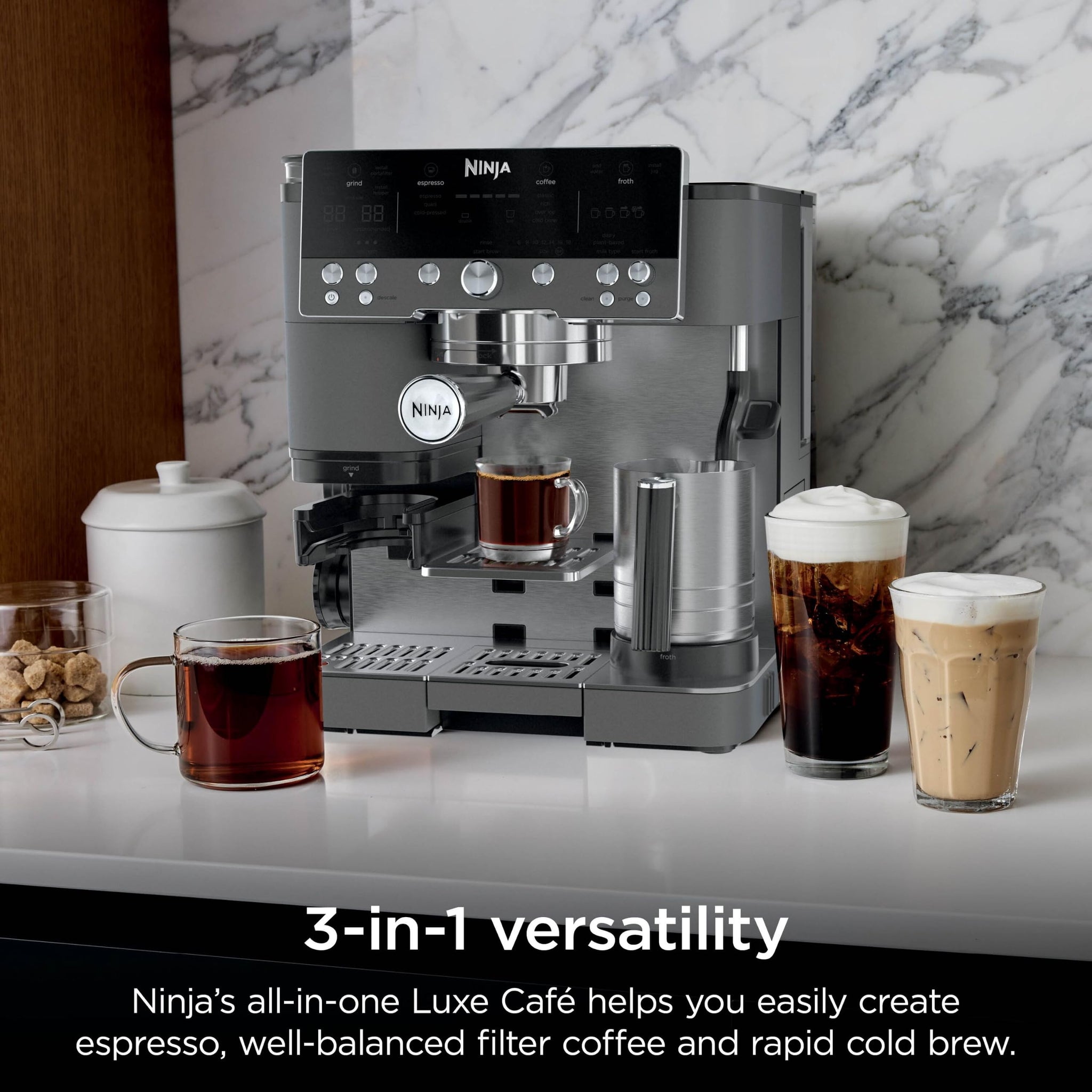 Ninja Luxe Premier 3-in-1 Coffee Machine, Latte, Cappuccino, Cold Brew & Espresso Maker With Built in Bean Grinder & Milk Frother, Easy to Use, 4 Automated Froth Presets, Gun Metal ES601UKGM