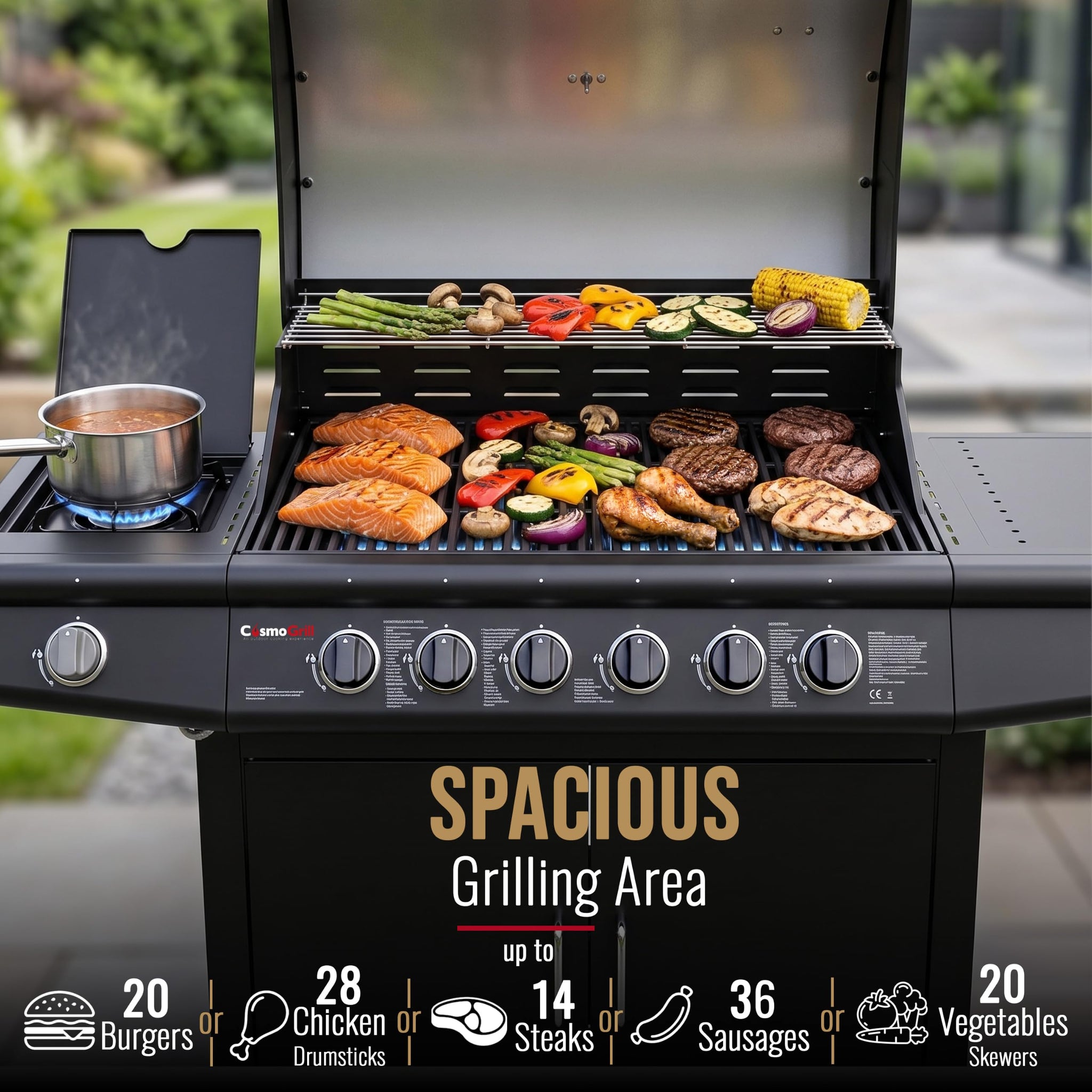 CosmoGrill Pro Deluxe 7 Gas Burner 6+1 Barbecue Grill Steel Warming Rack, Side-Burner, Built-in Temperature Gauge for Home Garden Party Outdoor Cooking (Black)