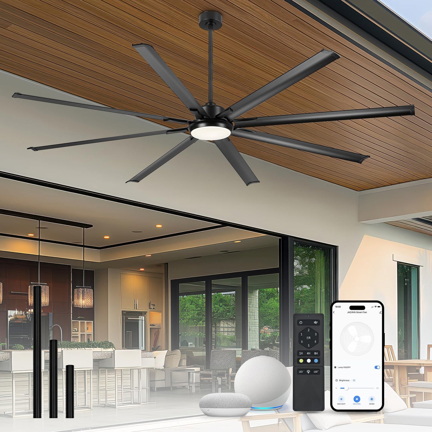 JAZAVA 96-Inch Industrial Ceiling Fan with Lights and Remote - Extra Large Indoor Fan with 8 Aluminium Blades,Smart Fan Works with Voice Control,Model:ZCCF04BK-96