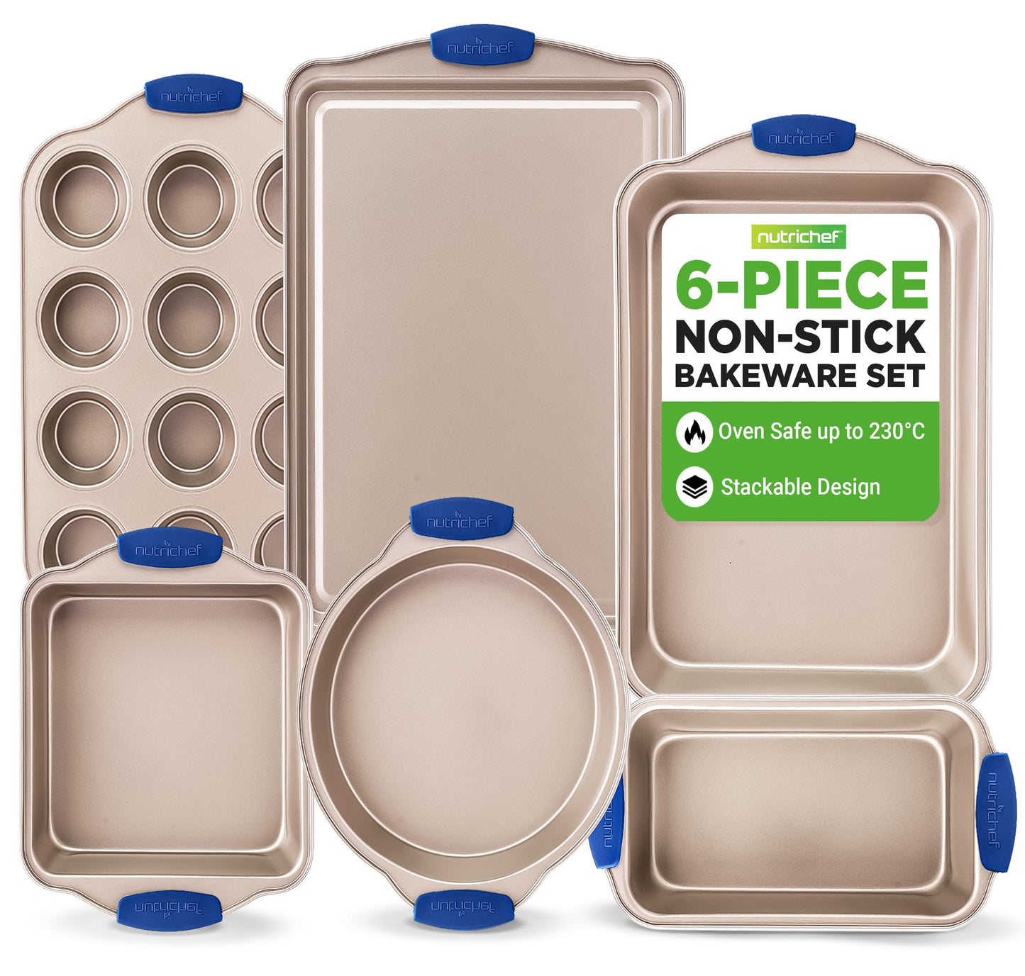 NutriChef Bakeware Set 6-Piece, Nonstick Gold Baking Pans with Heat-Safe Handles, Includes Cookie Sheets, Roasting Pan, Loaf Pan, Muffin Tin & Square Cake Pan, Durable & Oven Safe