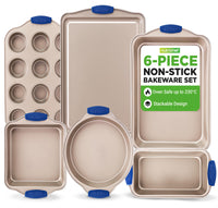 NutriChef Bakeware Set 6-Piece, Nonstick Gold Baking Pans with Heat-Safe Handles, Includes Cookie Sheets, Roasting Pan, Loaf Pan, Muffin Tin & Square Cake Pan, Durable & Oven Safe