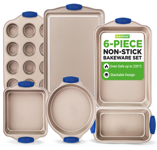 NutriChef Bakeware Set 6-Piece, Nonstick Gold Baking Pans with Heat-Safe Handles, Includes Cookie Sheets, Roasting Pan, Loaf Pan, Muffin Tin & Square Cake Pan, Durable & Oven Safe