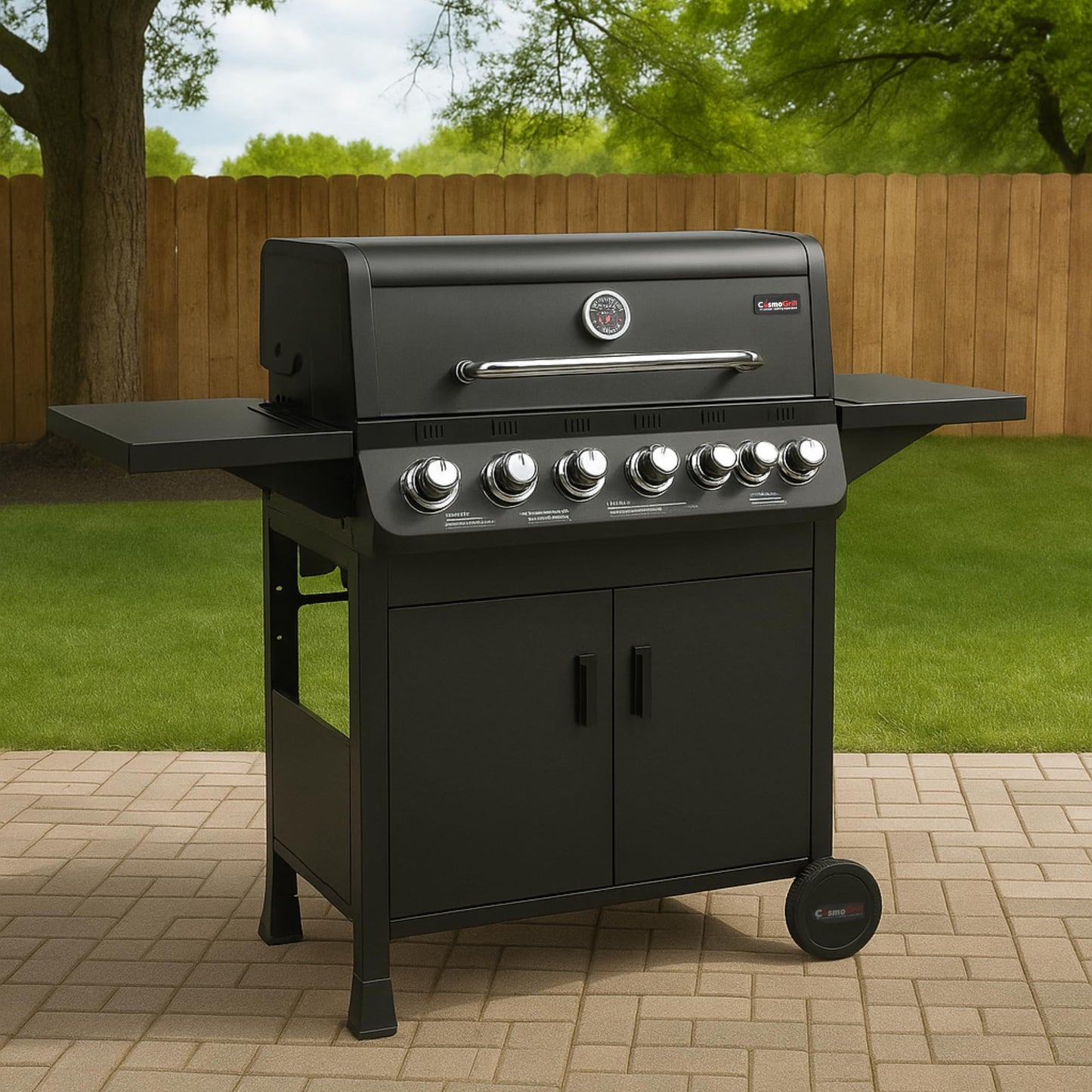 CosmoGrill NEW Emberr 7 Gas Burner 6+1 Barbecue Grill, Porcelain Warming Rack, Propane Gas Regulator Hose, Side-Burner, Storage, Wheels Built-in Temperature Gauge for Home Garden Party Outdoor Cooking