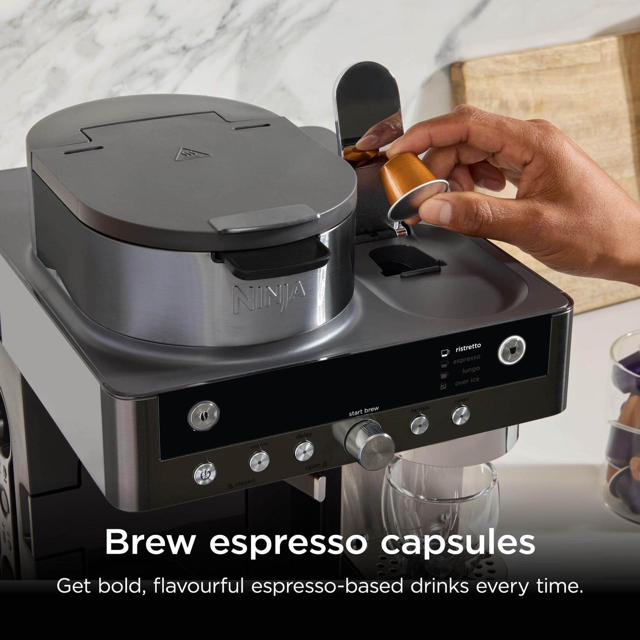Ninja Prestige 2-in-1 Filter Coffee and Pod Capsule Machine with Built-in Milk Frother, Make Lattes, Iced Coffee and Flat Whites, Gunmetal CFN802UKGM