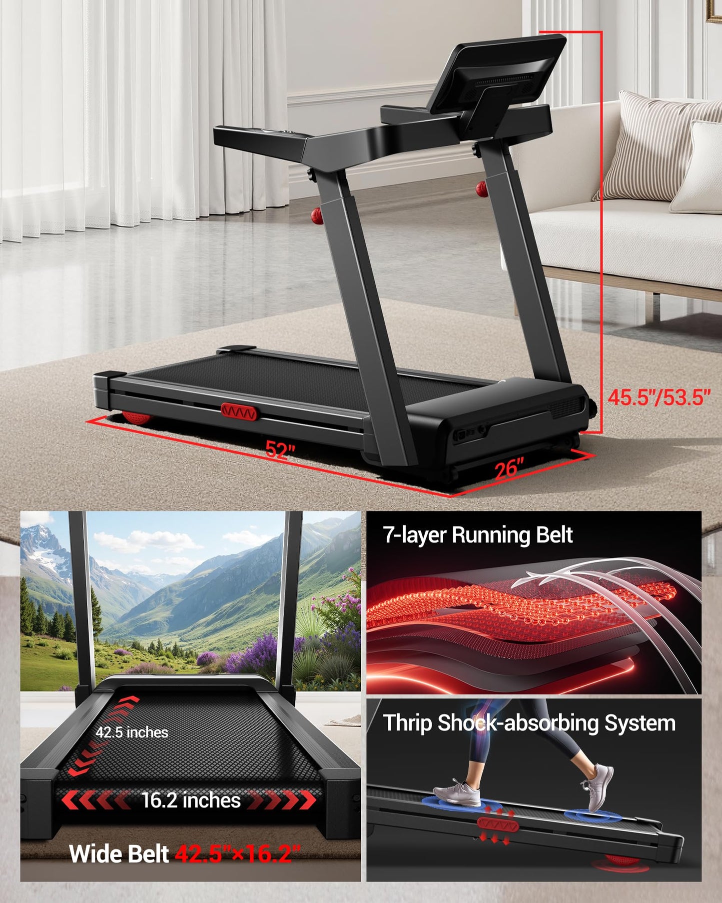 Treadmills for Home with 20% Auto Incline, 14KM/H Foldable Treadmill with Handles, Running Machine for Heavy People, 180KG Weight Capacity, Large Running Belt and Intelligent LED Touch Screen