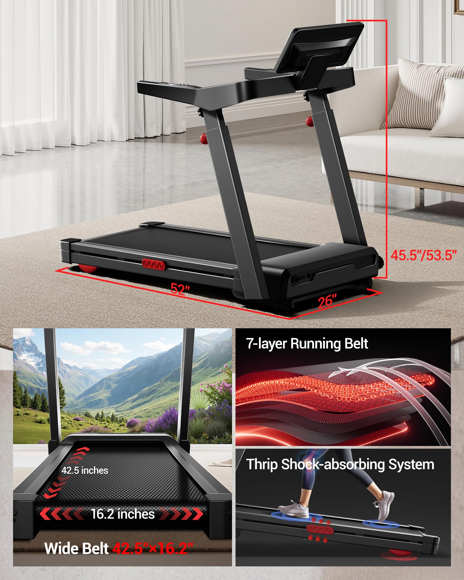 Treadmills for Home with 20% Auto Incline, 14KM/H Foldable Treadmill with Handles, Running Machine for Heavy People, 180KG Weight Capacity, Large Running Belt and Intelligent LED Touch Screen