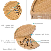 BlauKe® Bamboo Cheese Board and Knife Set – 37cm Round Charcuterie Board, Serving Platter, Slide-Out Drawer, Cheese Knives – Wooden Cheese Board Gift Set