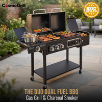 CosmoGrill Hybrid 4 Burner Barbecue DUO Dual Fuel BBQ 3+1 Gas Grill & Charcoal Smoker BBQ Grill, Built-in Thermometer, Warming Rack, Outdoor Portable Large Coal Barbecue for Home Garden Party Cooking.