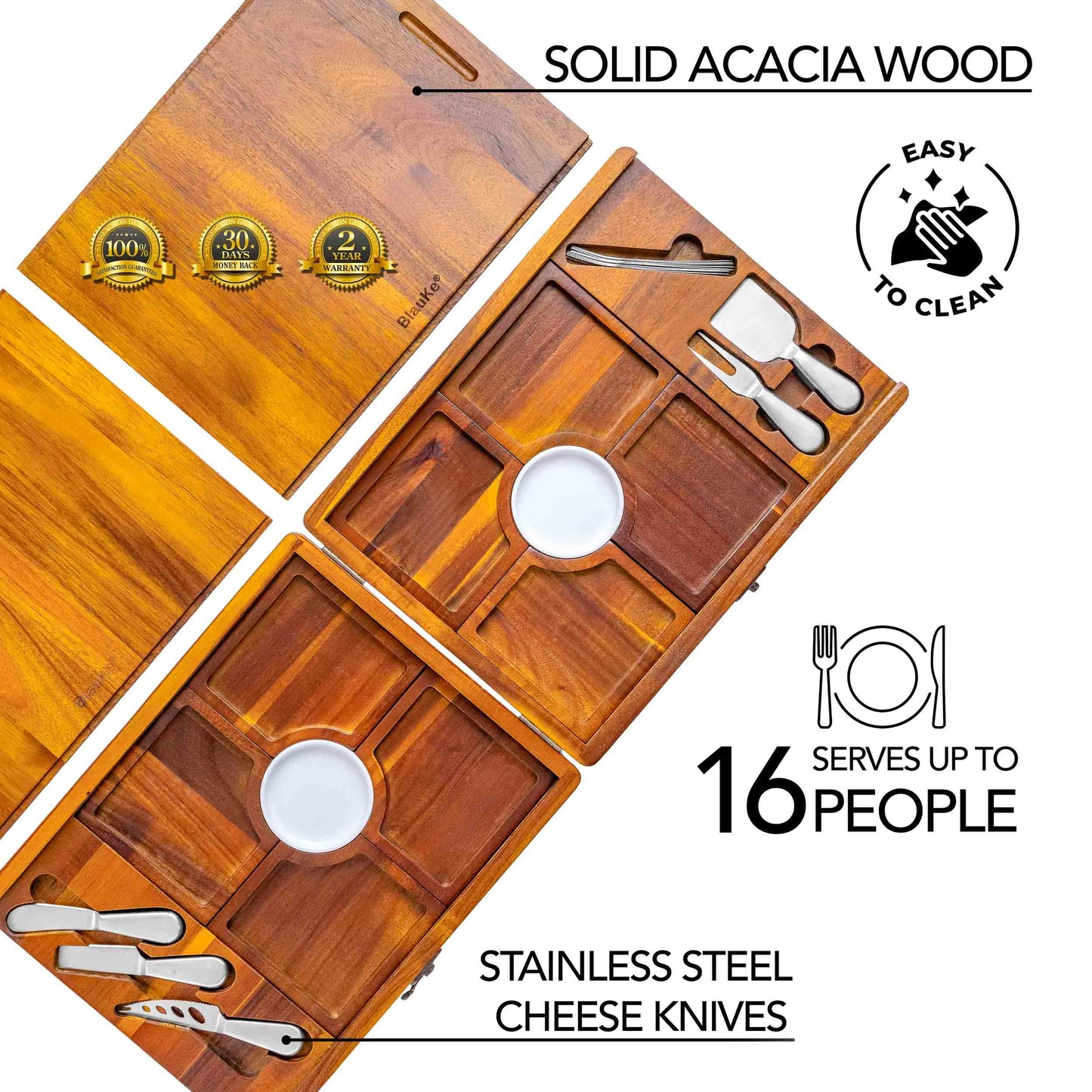 Wooden Cheese Board and Knife Set for Big Parties - Large Wooden Serving Board/Tray of Acacia, an Upgrade from Bamboo Charcuterie Boards - Serving Platters with Cheese Knives - Any Occasion Gift Set