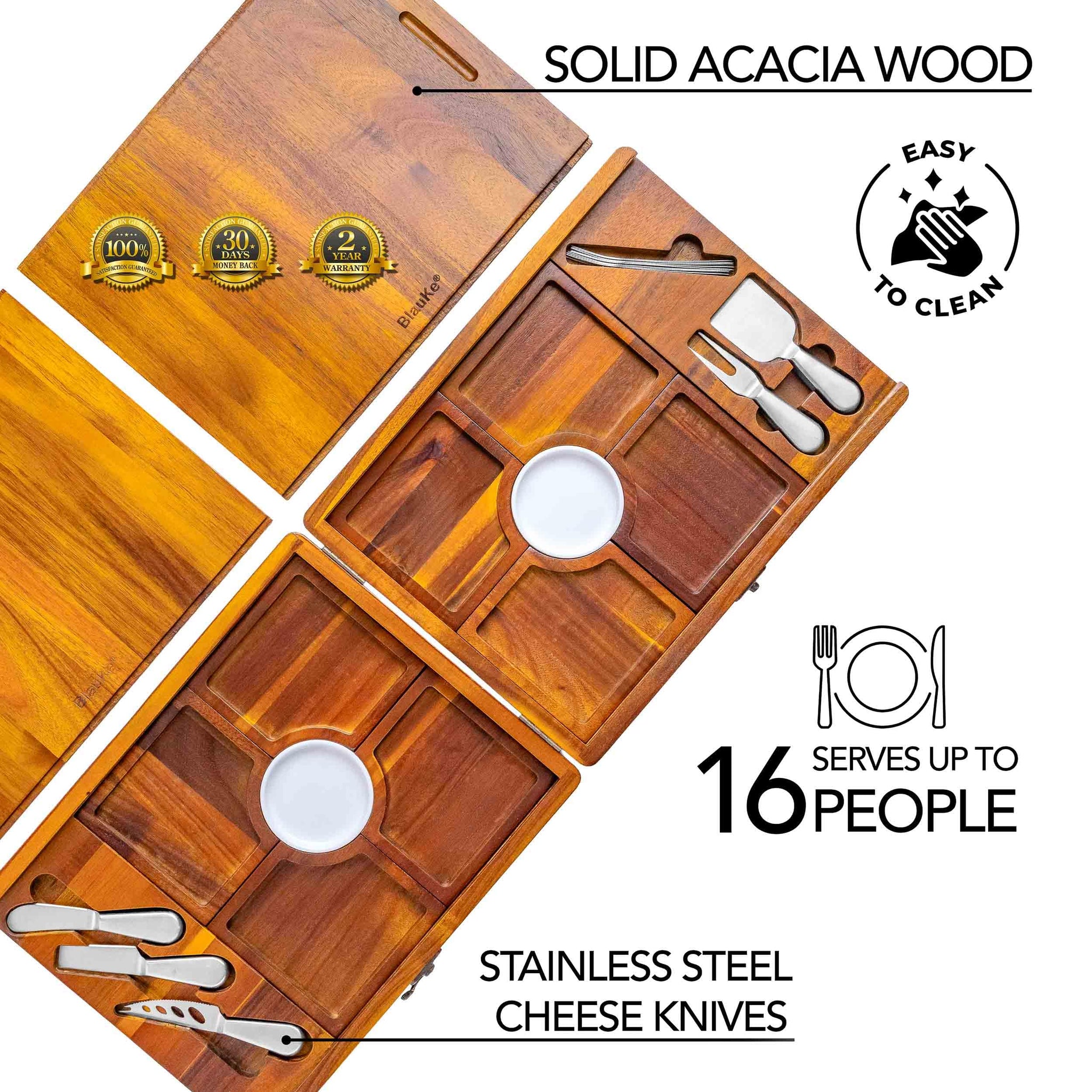 Wooden Cheese Board and Knife Set for Big Parties - Large Wooden Serving Board/Tray of Acacia, an Upgrade from Bamboo Charcuterie Boards - Serving Platters with Cheese Knives - Any Occasion Gift Set