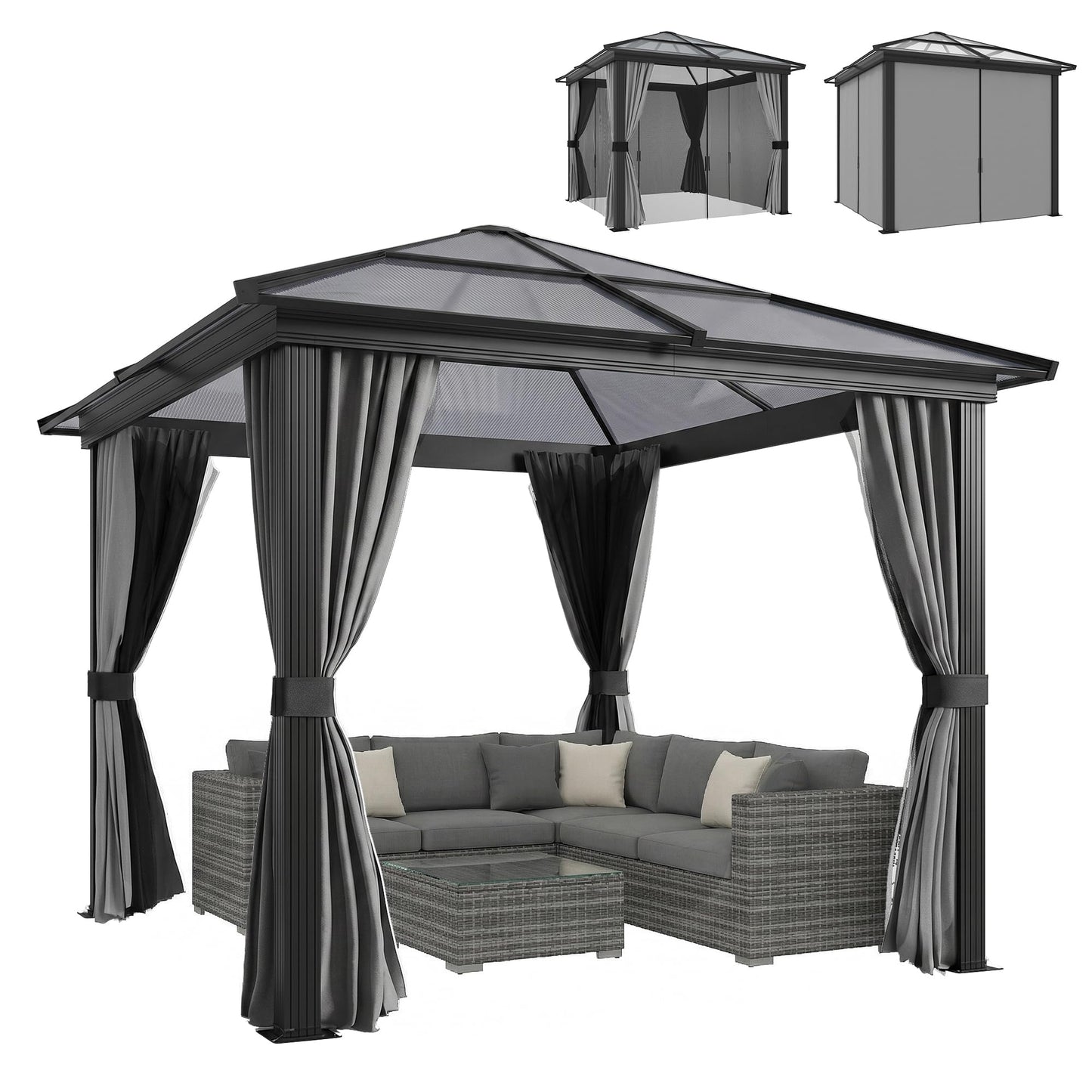 Outsunny 3 x 3(m) Hardtop Gazebo with UV Resistant Polycarbonate Roof & Aluminium Frame, Garden Pavilion with Mosquito Netting and Curtains Black