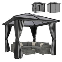 Outsunny 3 x 3(m) Hardtop Gazebo with UV Resistant Polycarbonate Roof & Aluminium Frame, Garden Pavilion with Mosquito Netting and Curtains Black