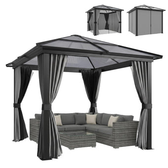 compare product Outsunny 3 x 3(m) Hardtop Gazebo with UV Resistant Polycarbonate Roof & Aluminium Frame, Garden Pavilion with Mosquito Netting and Curtains Black