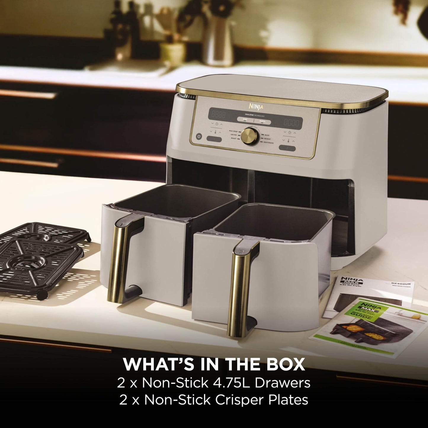 Ninja MAX Dual Zone Digital Air Fryer, 2 Drawers, 9.5L, 6-in-1, Uses No Oil, Air Fry, Max Crisp, Roast, Bake, Reheat, Dehydrate, Non-Stick, Dishwasher Safe Baskets, Stone Gold DZ400UKSTGD